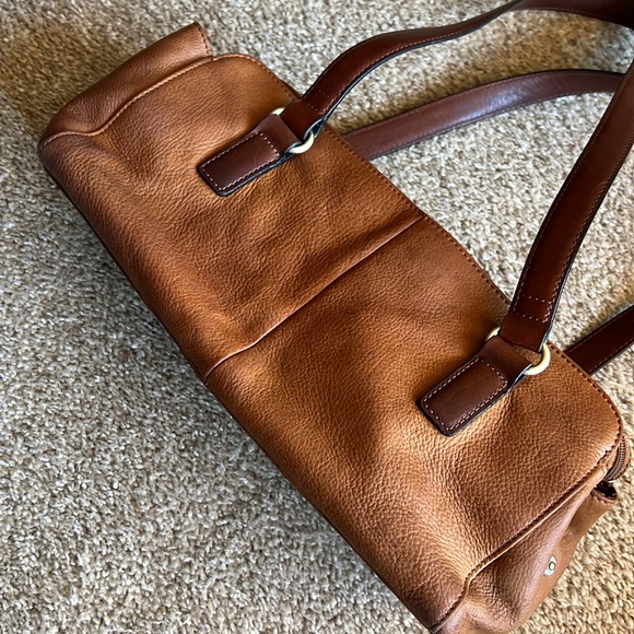 FOSSIL Taupe Brown Soft Pebble Stitched Leather Double Straps Shoulder Bag Purse - Picture 3 of 11